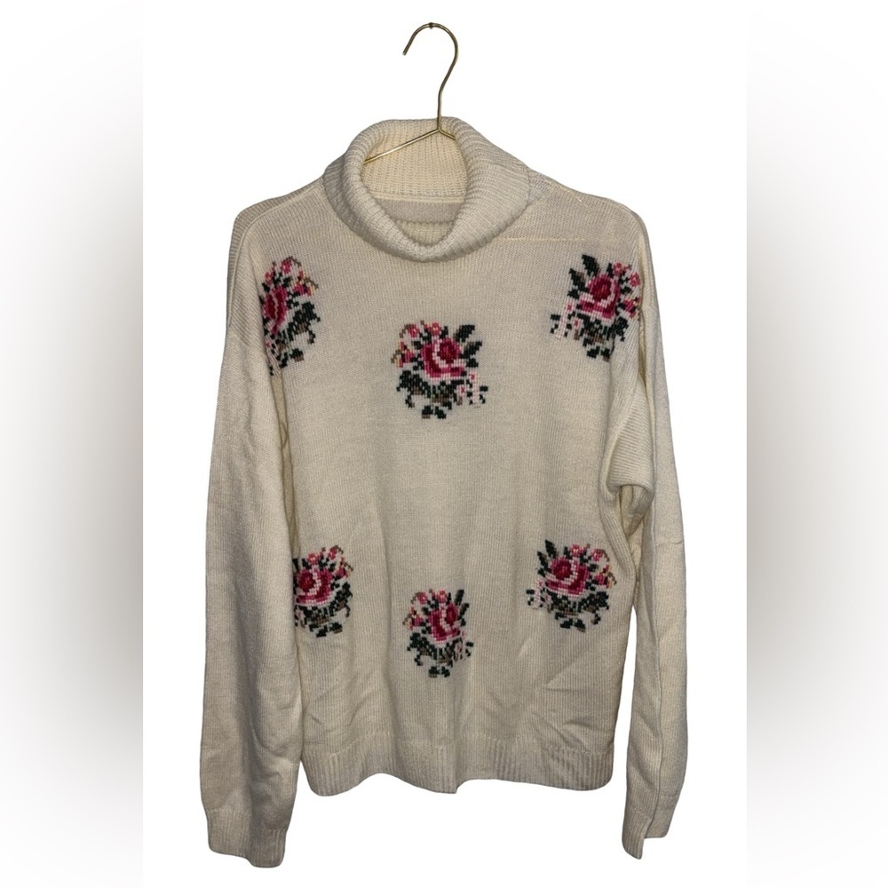 Vintage Floral Knit‎ Women's Turtleneck Sweater Cream & Pink P2P 26"